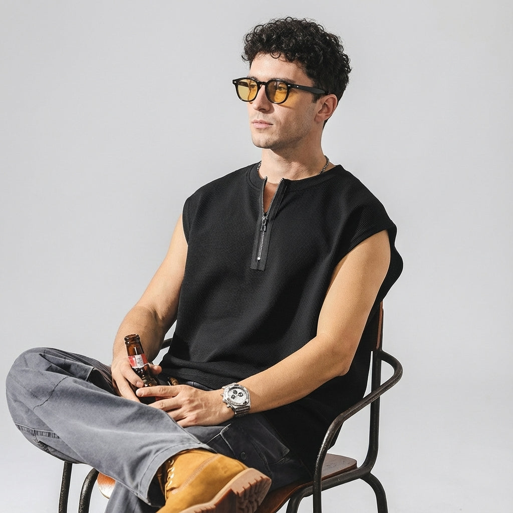 Waffle Grid Zip T-Shirt Vest in Black