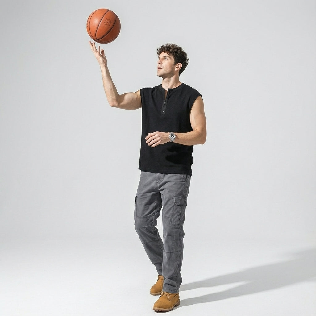 Waffle Grid Zip T-Shirt Vest in Black