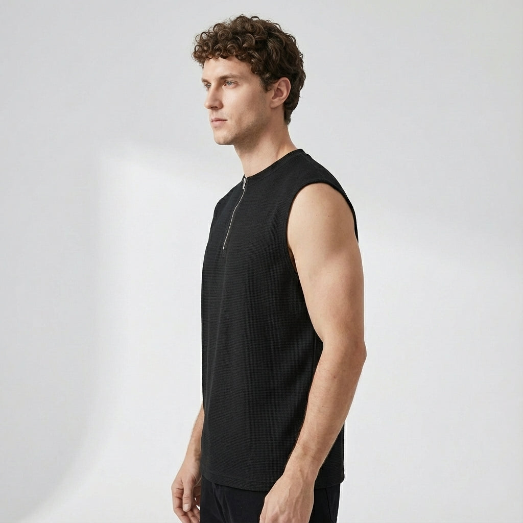 Waffle Grid Zip T-Shirt Vest in Black