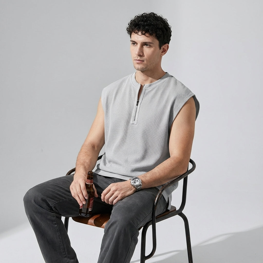 Waffle Grid Zip T-Shirt Vest in Grey