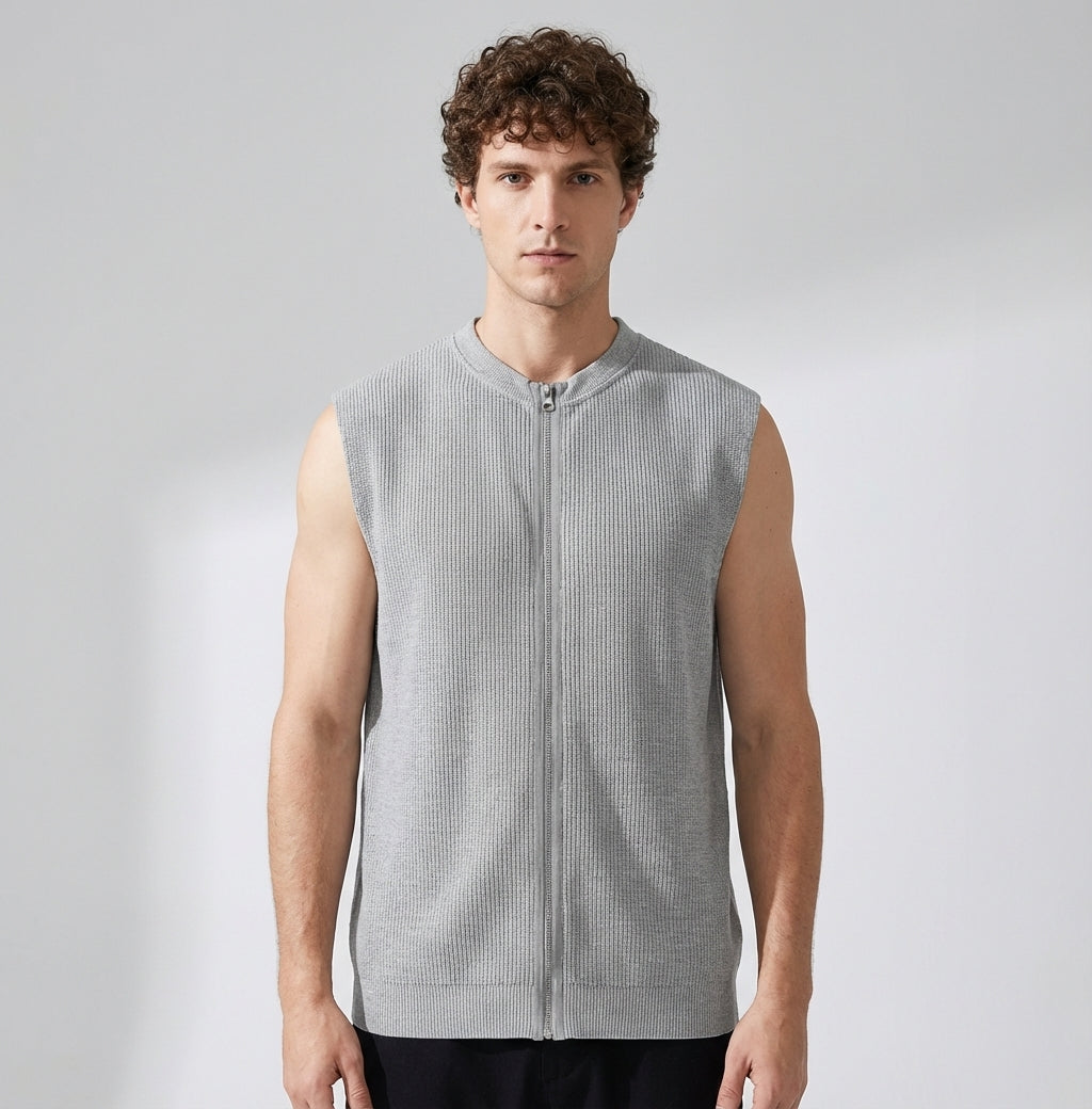Waffle Grid Zip T-Shirt Vest in Grey