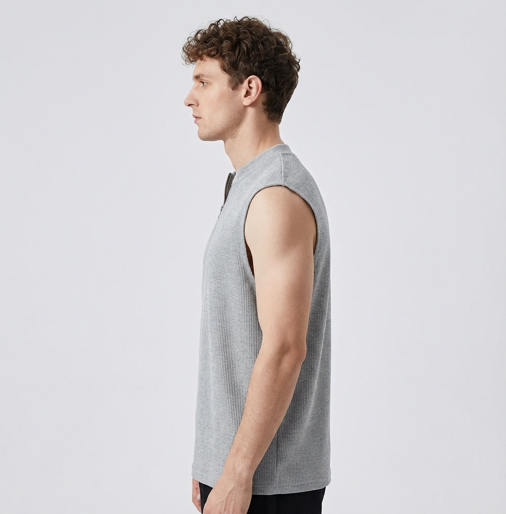 Waffle Grid Zip T-Shirt Vest in Grey