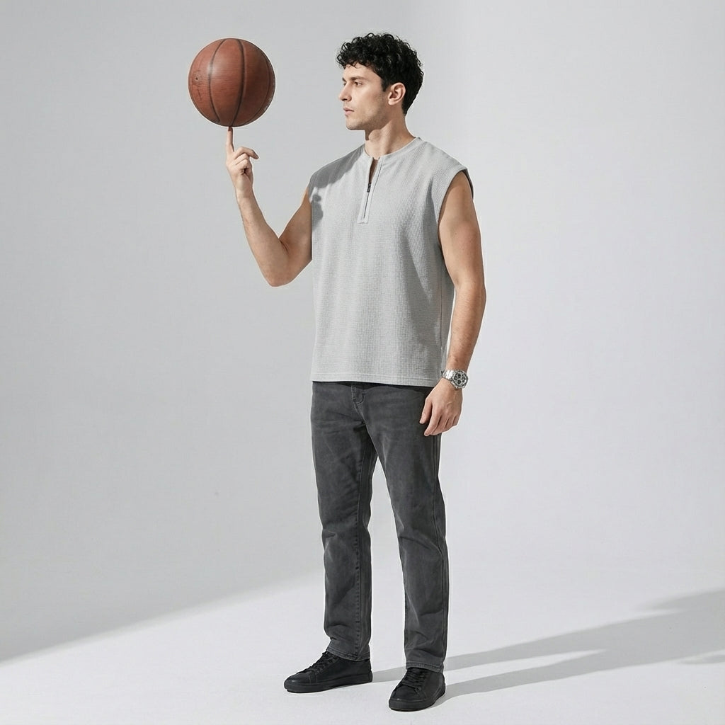 Waffle Grid Zip T-Shirt Vest in Grey