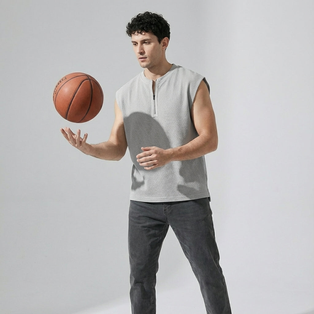 Waffle Grid Zip T-Shirt Vest in Grey