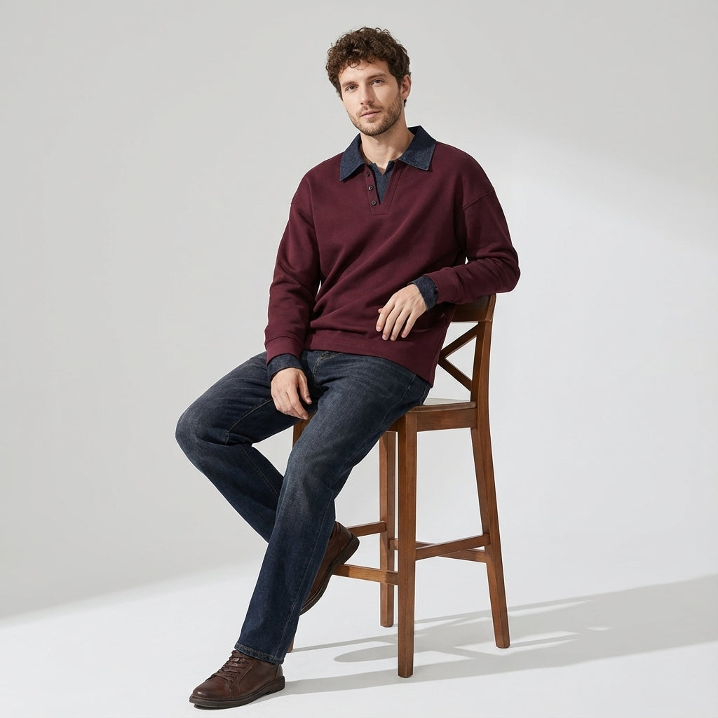 Polo Contrast Collar 360 GSM Sweatshirt in Burgundy