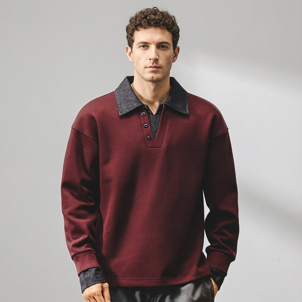 Polo Contrast Collar 360 GSM Sweatshirt in Burgundy