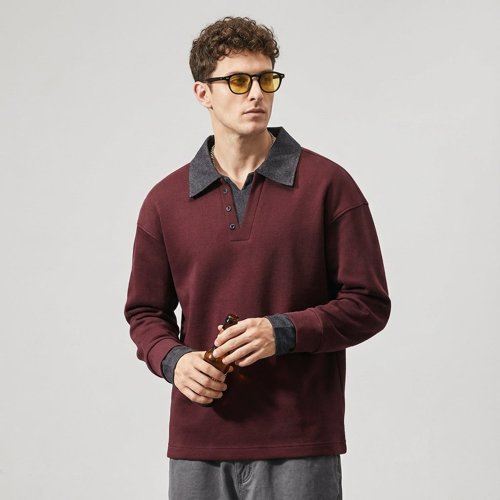 Polo Contrast Collar 360 GSM Sweatshirt in Burgundy