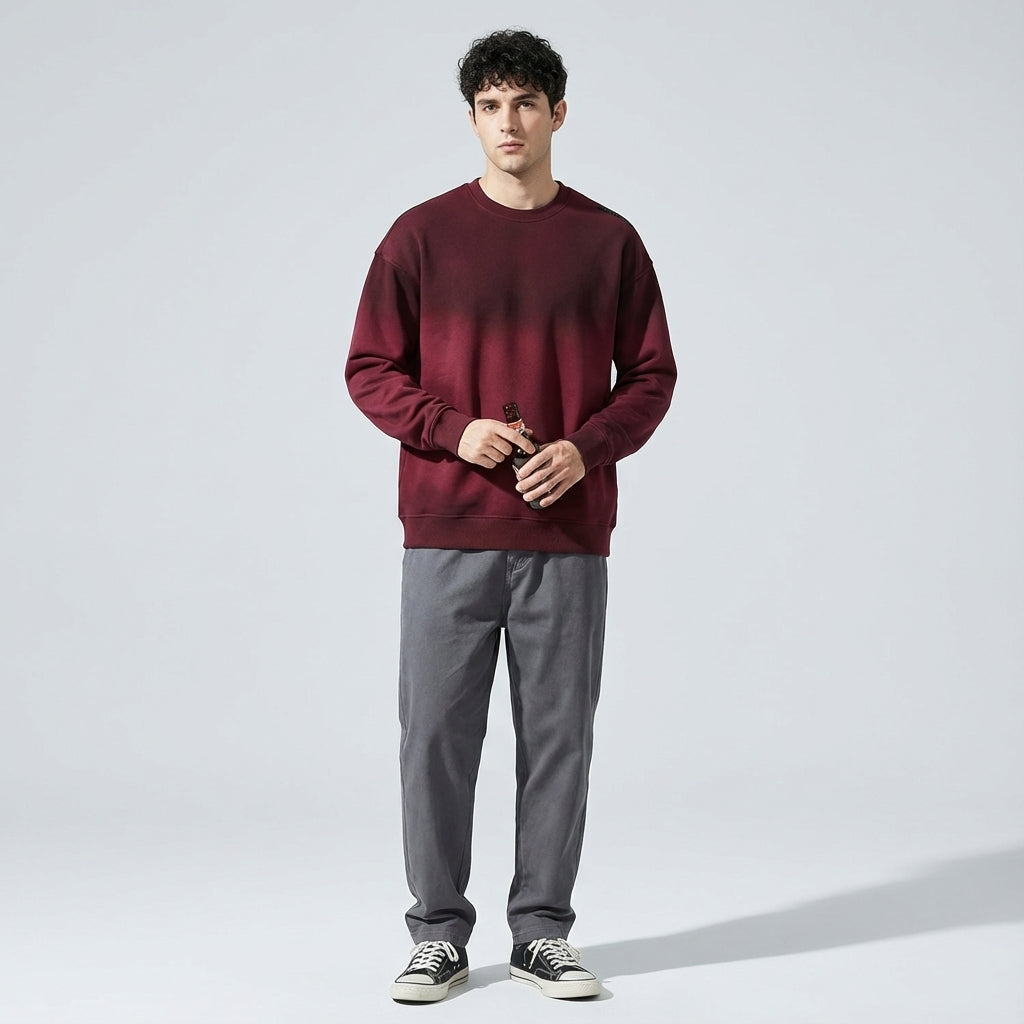 Dropped Shoulder Crewneck Heavy Sweatshirt in Wine Red