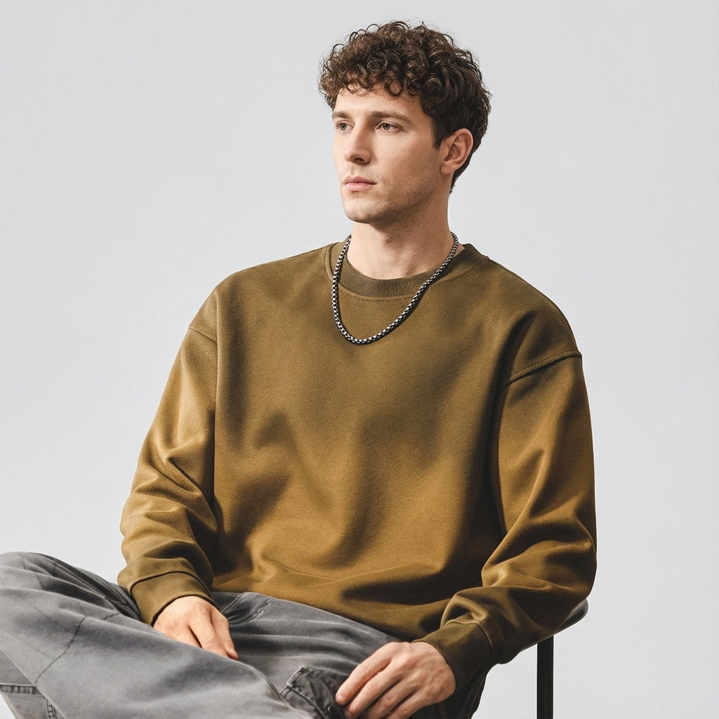 Dropped Shoulder Crewneck Heavy Sweatshirt in Clay Brown