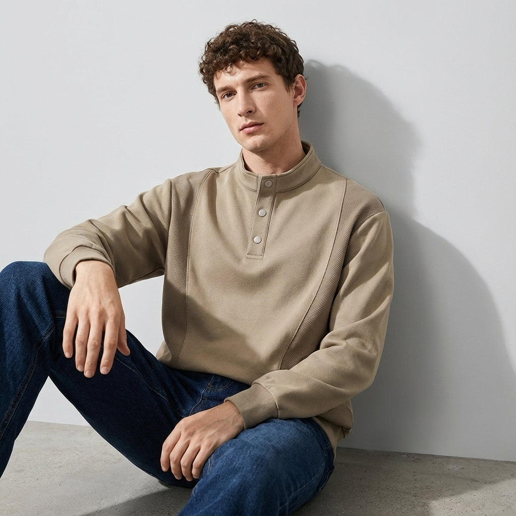 Designer Henley Collar Jumper in Khaki