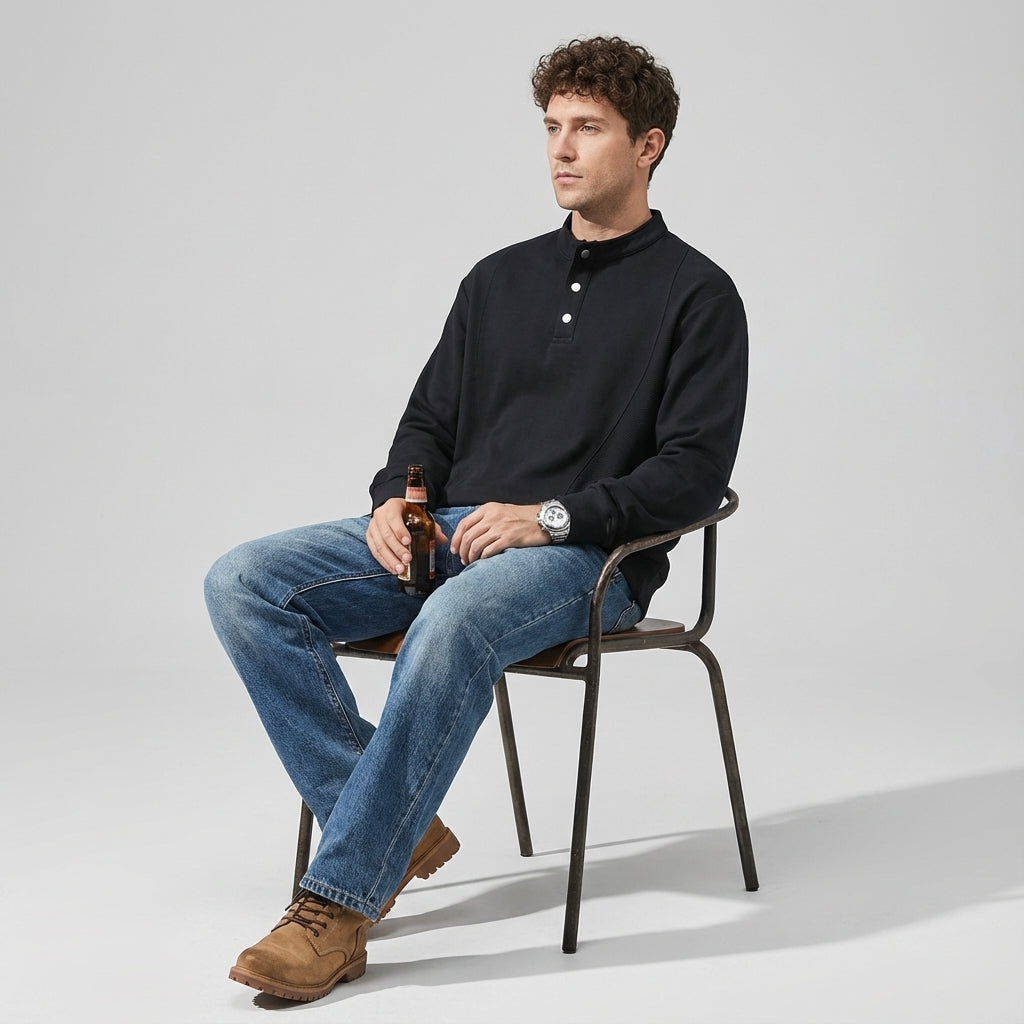 Designer Henley Collar Jumper in Black