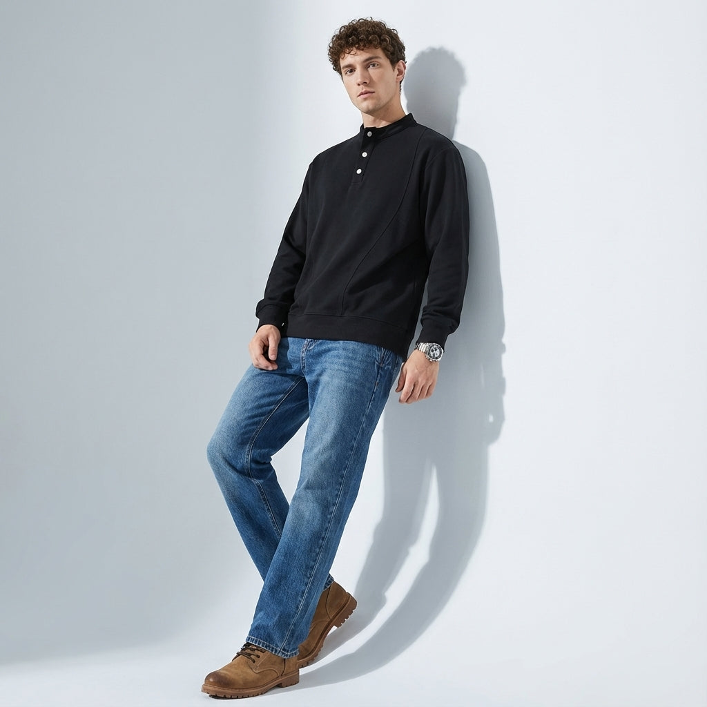 Designer Henley Collar Jumper in Black