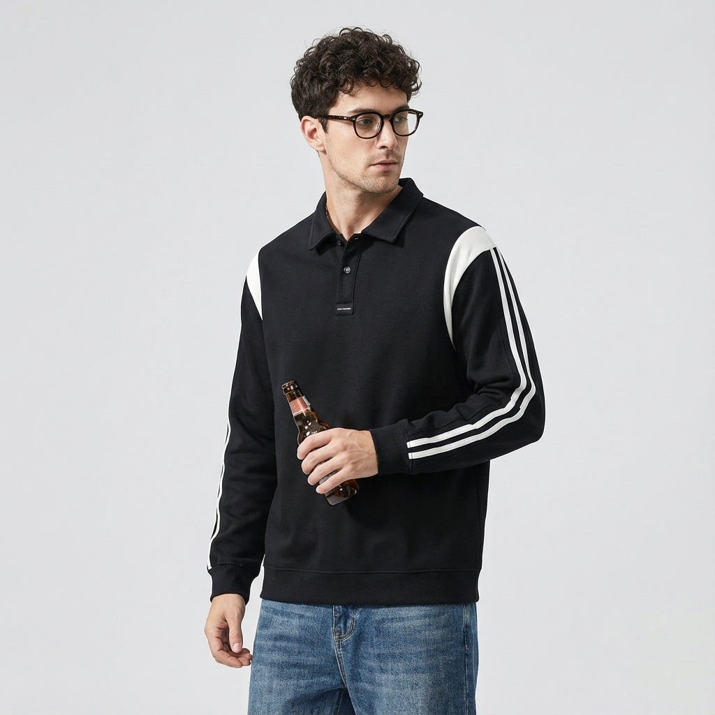 Panelled Sleeve Polo Sweatshirt in Black