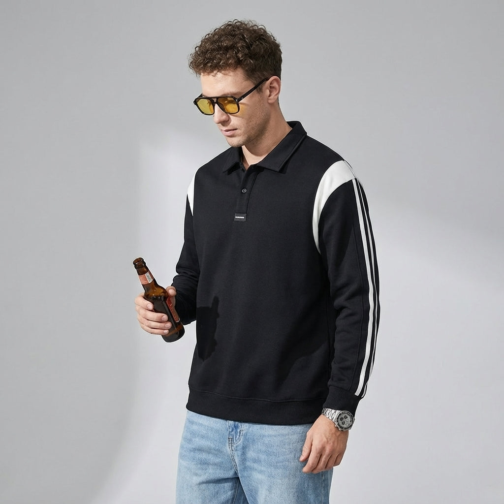 Panelled Sleeve Polo Sweatshirt in Black