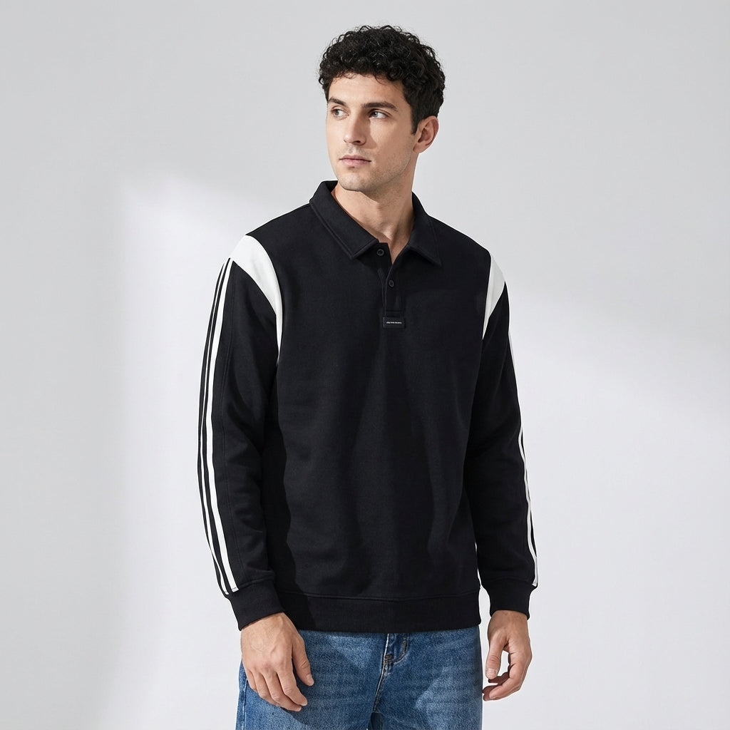 Panelled Sleeve Polo Sweatshirt in Black