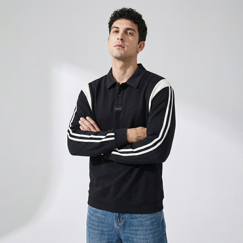 Panelled Sleeve Polo Sweatshirt in Black