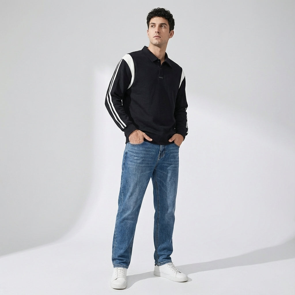 Panelled Sleeve Polo Sweatshirt in Black