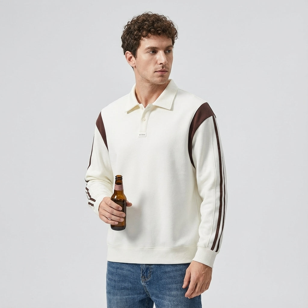 Panelled Sleeve Polo Sweatshirt in Off White