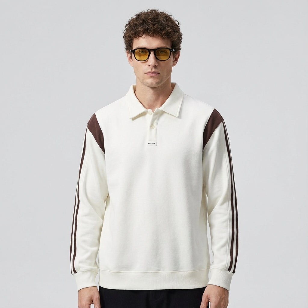 Panelled Sleeve Polo Sweatshirt in Off White
