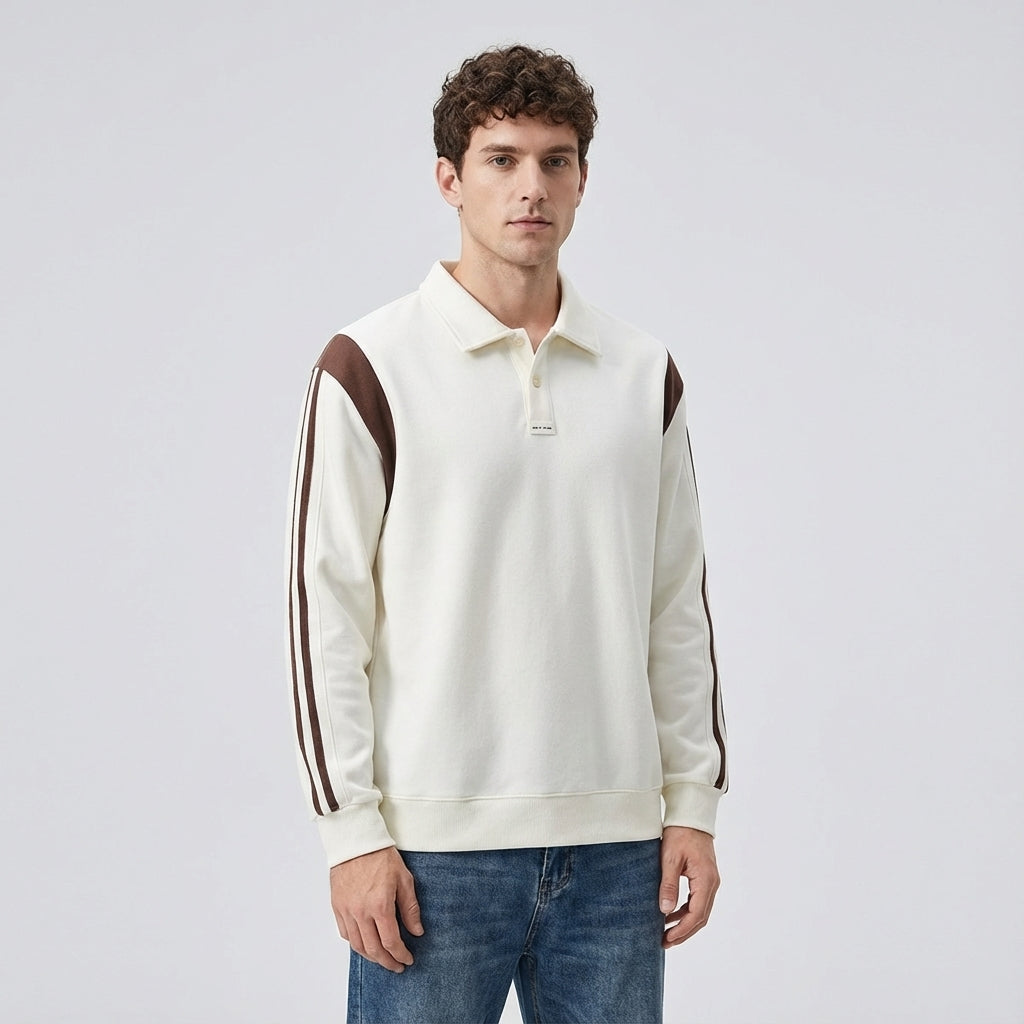 Panelled Sleeve Polo Sweatshirt in Off White