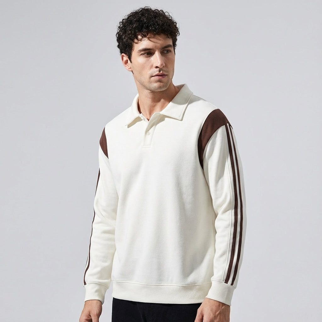 Panelled Sleeve Polo Sweatshirt in Off White