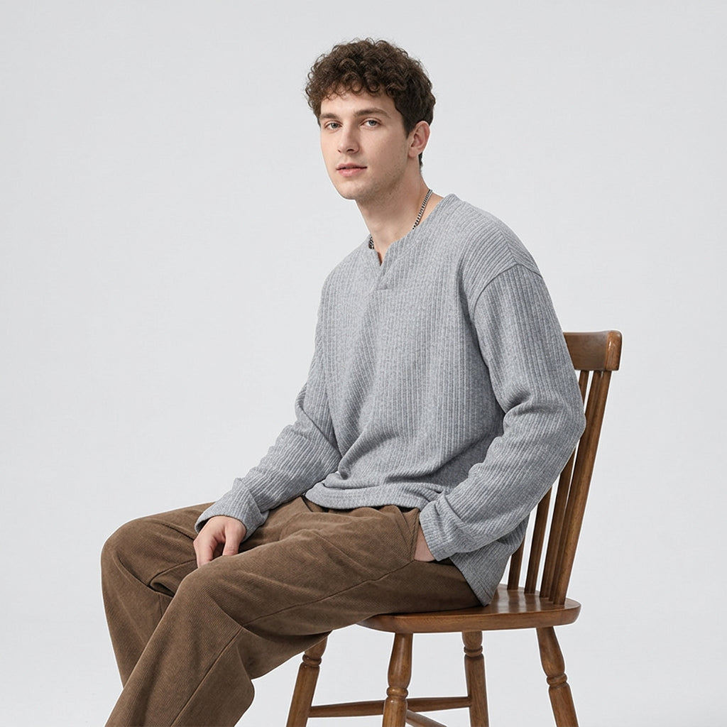 Dropped Shoulder Sleeves Knitted Tee - HEATHERGRAY