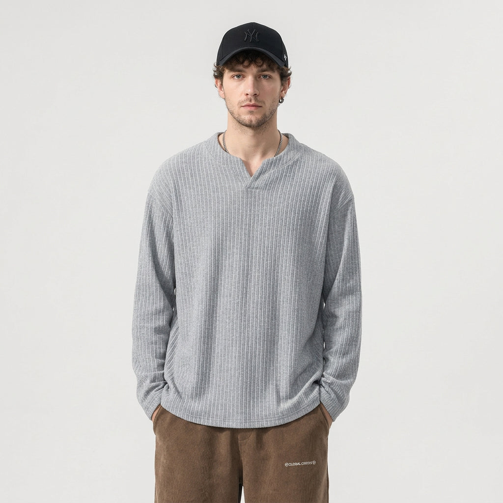 Dropped Shoulder Sleeves Knitted Tee - HEATHERGRAY