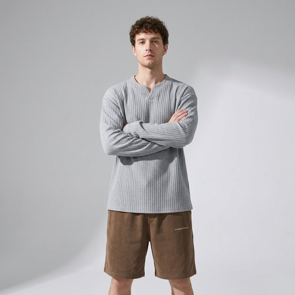 Dropped Shoulder Sleeves Knitted Tee - HEATHERGRAY