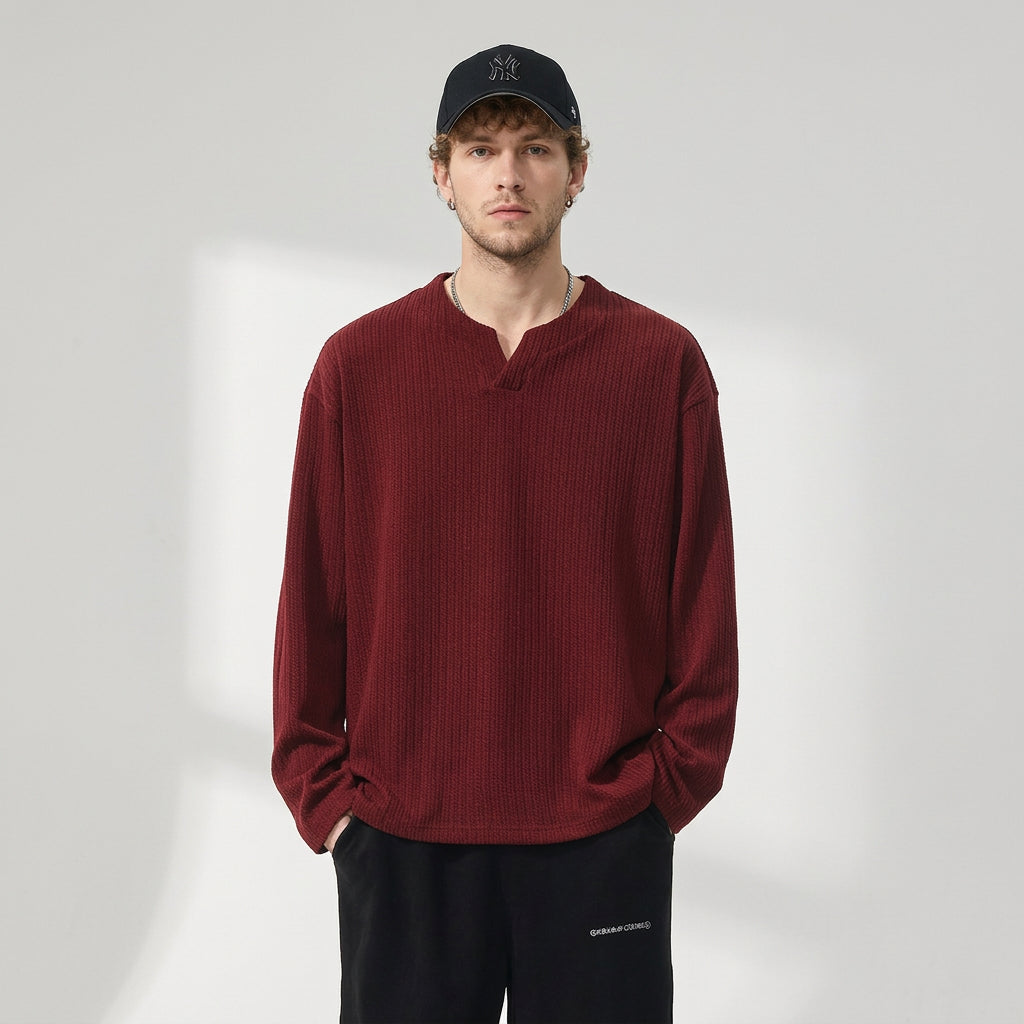 Dropped Shoulder Sleeves Knitted Tee - BURGUNDY