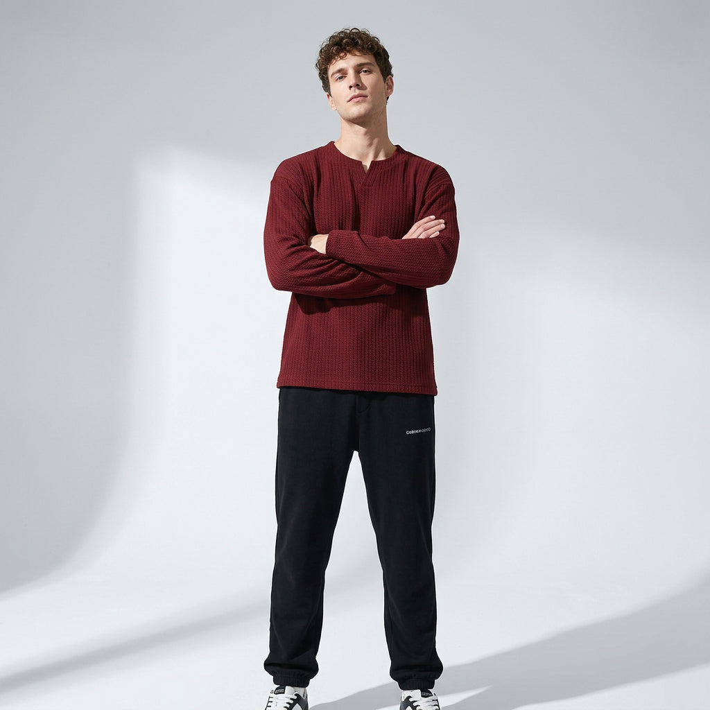 Dropped Shoulder Sleeves Knitted Tee - BURGUNDY