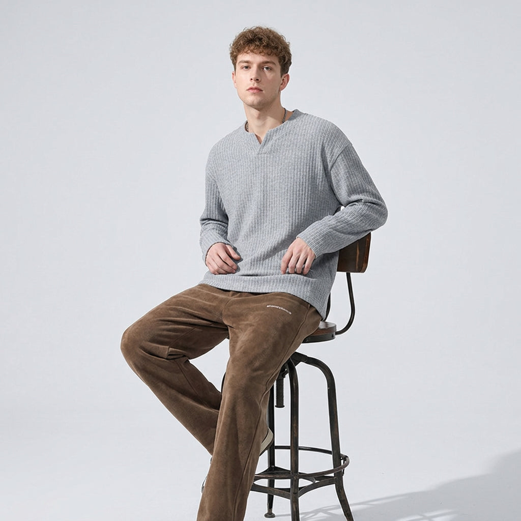 Dropped Shoulder Sleeves Knitted Tee - HEATHERGRAY