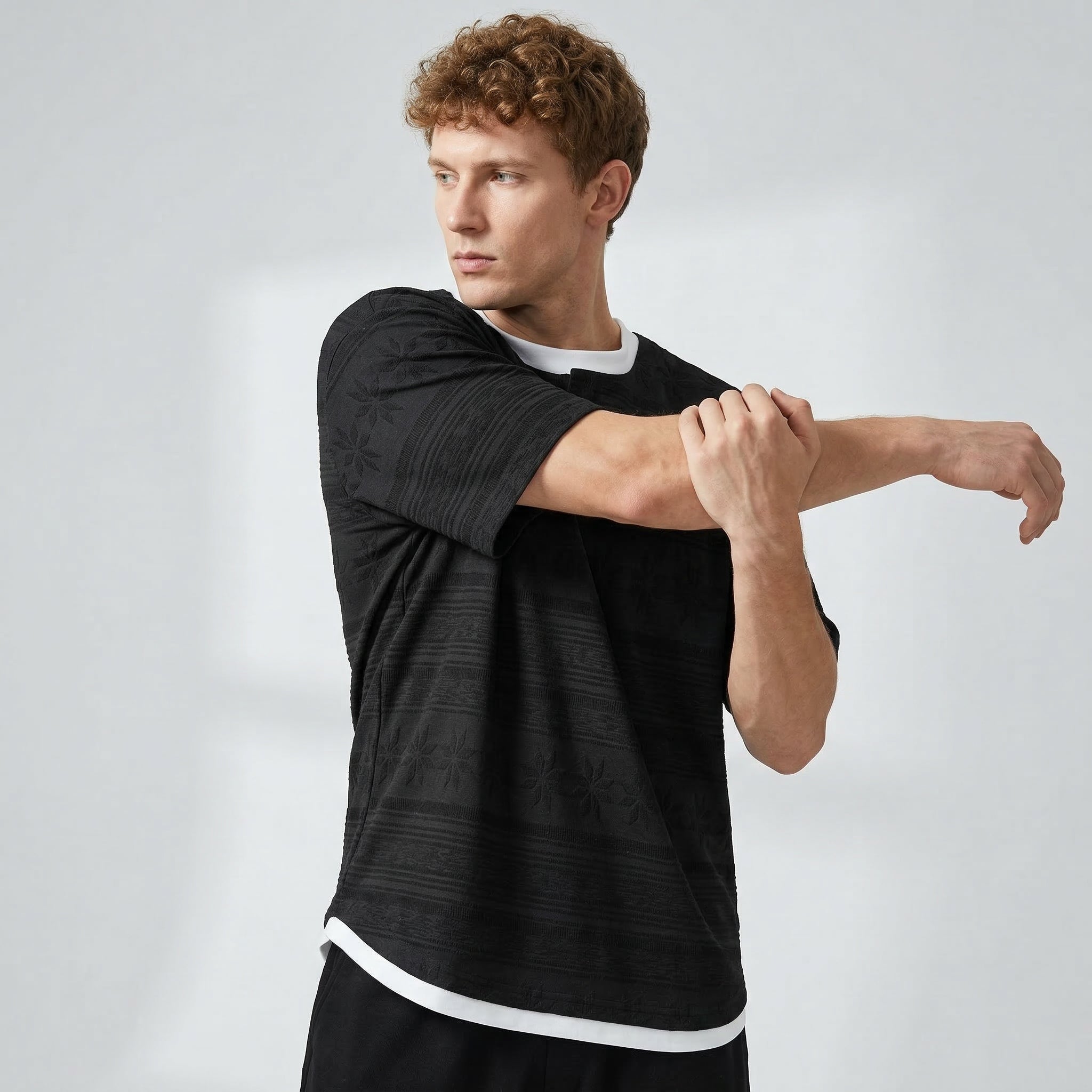 Nordic Pattern Knit Cotton Tee - BLACK