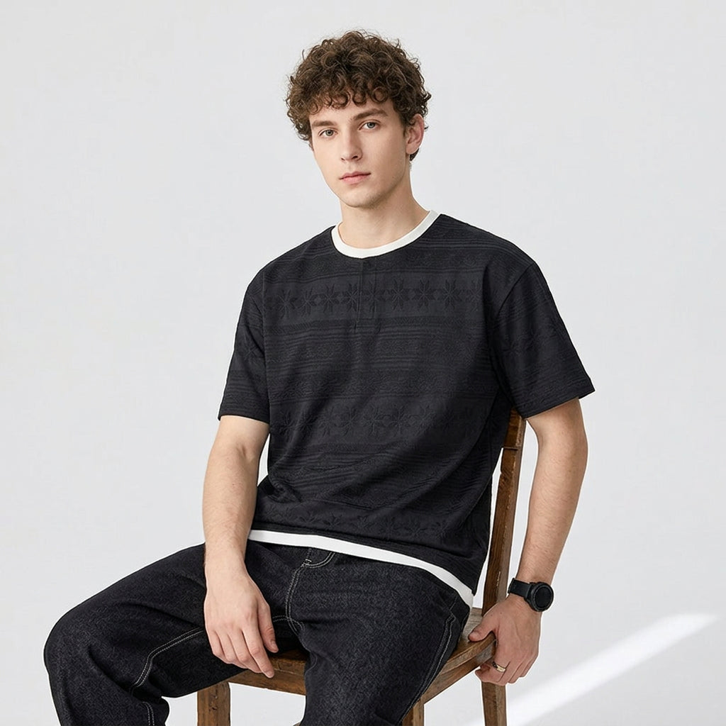 Nordic Pattern Knit Cotton Tee - BLACK