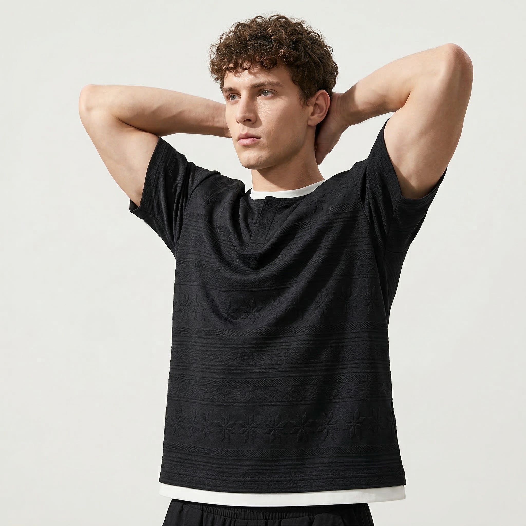 Nordic Pattern Knit Cotton Tee - BLACK