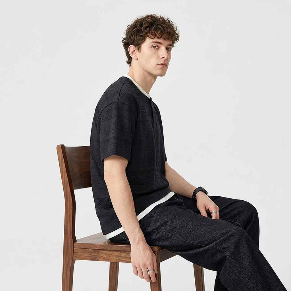 Nordic Pattern Knit Cotton Tee - BLACK