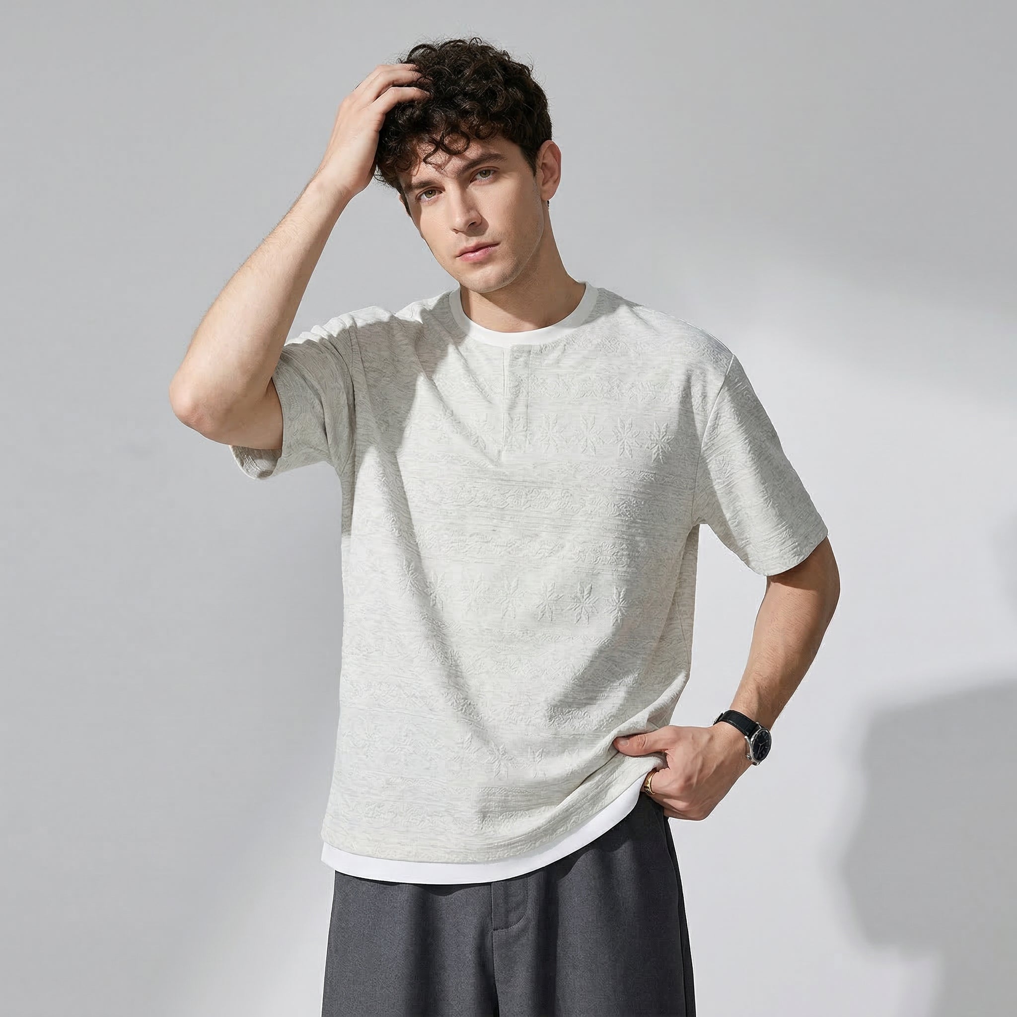 Nordic Pattern Knit Cotton Tee - GRAY