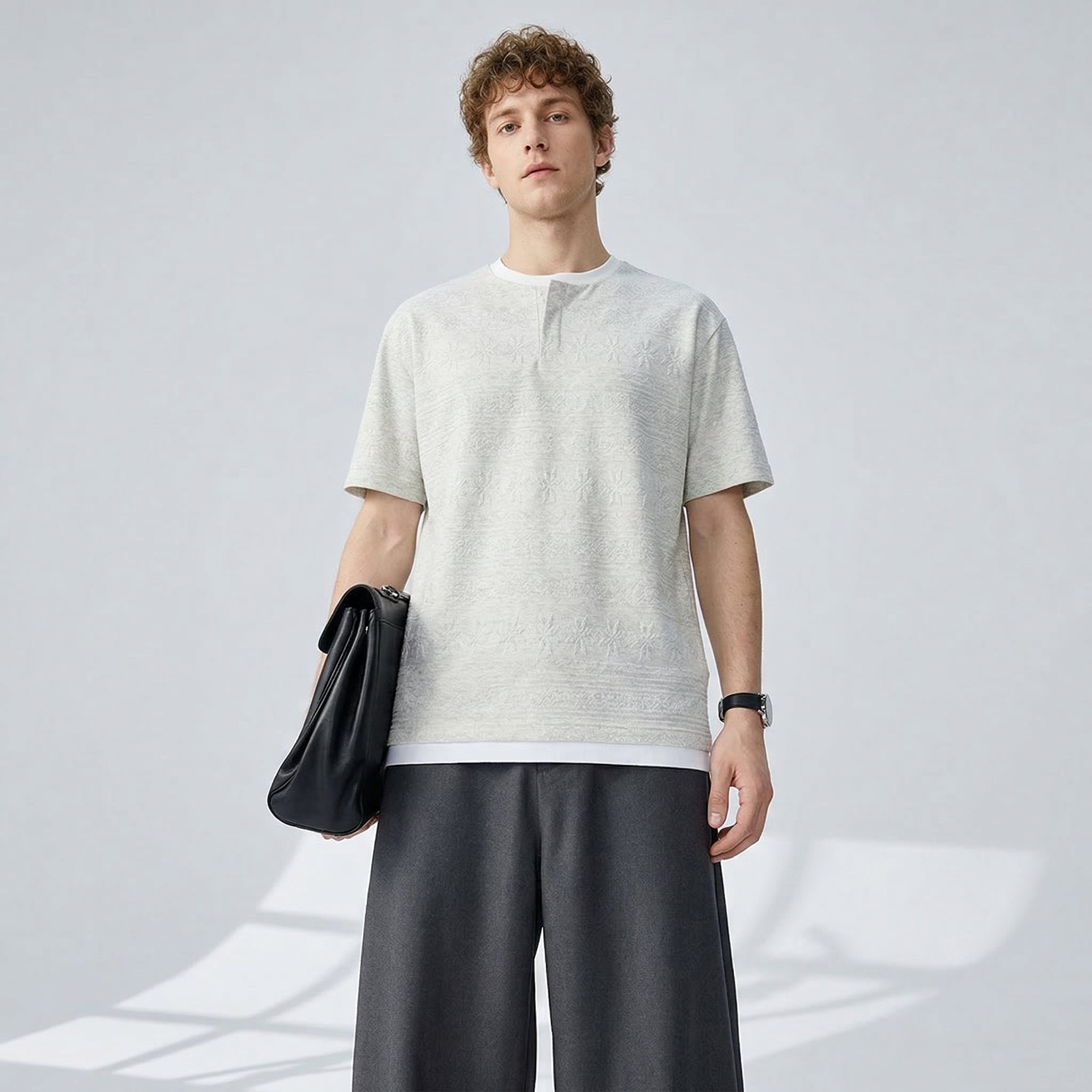 Nordic Pattern Knit Cotton Tee - GRAY