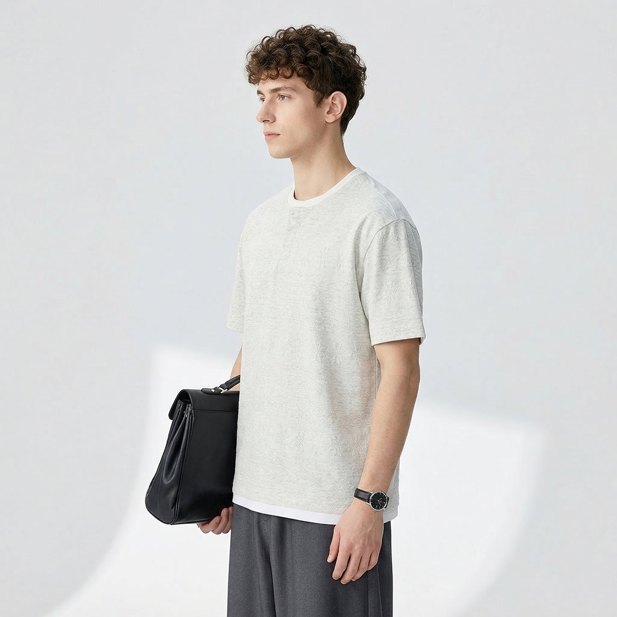 Nordic Pattern Knit Cotton Tee - GRAY