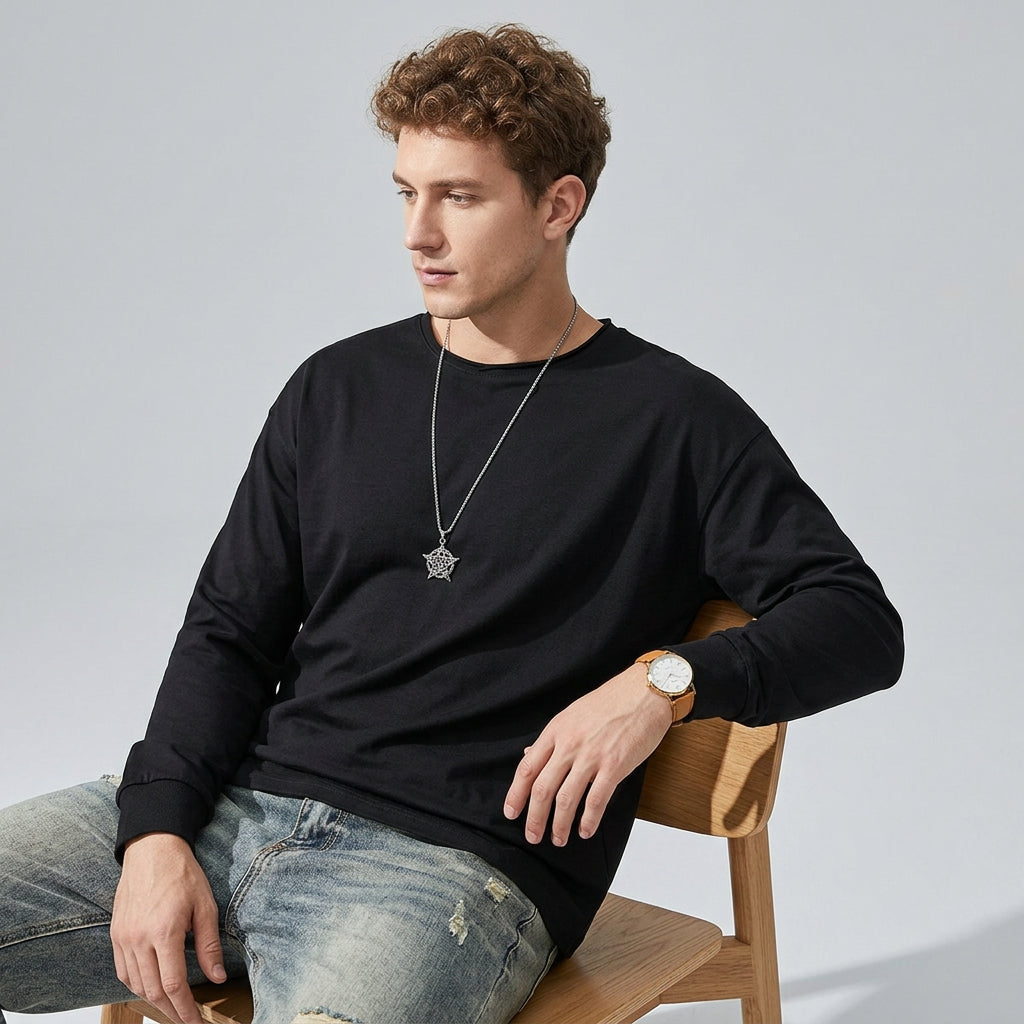 100% Cotton Long Sleeve Tee  - BLACK