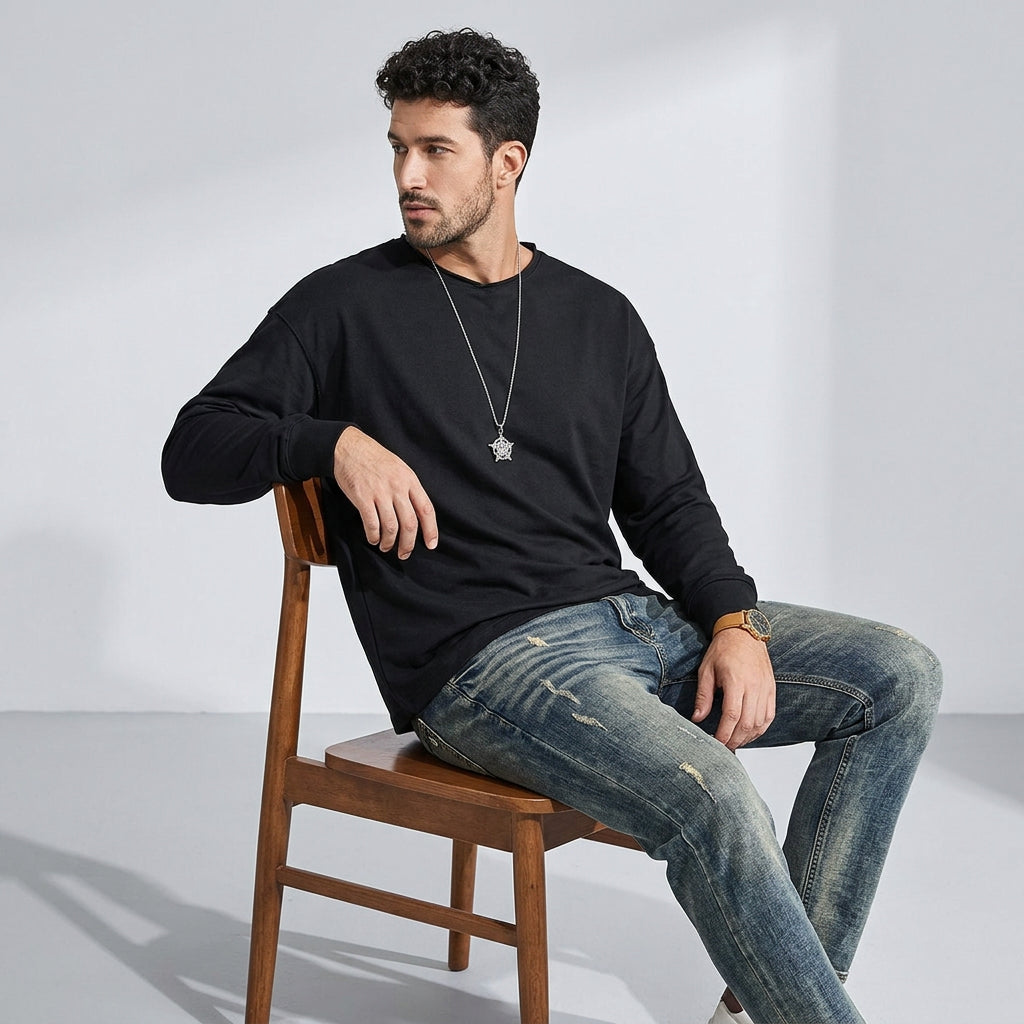 100% Cotton Long Sleeve Tee  - BLACK