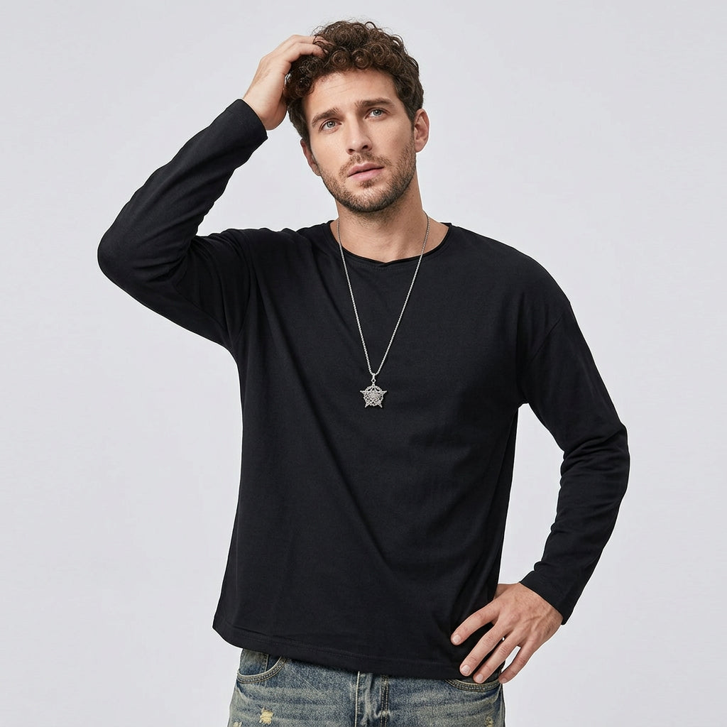 100% Cotton Long Sleeve Tee  - BLACK