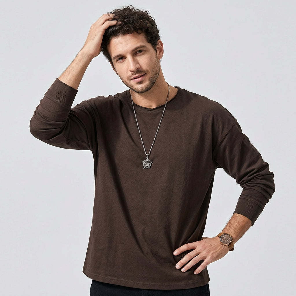 100% Cotton Long Sleeve Tee  - BROWN