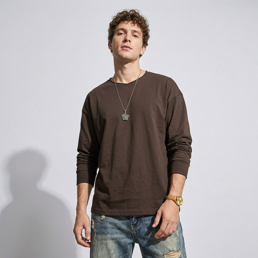 100% Cotton Long Sleeve Tee  - BROWN