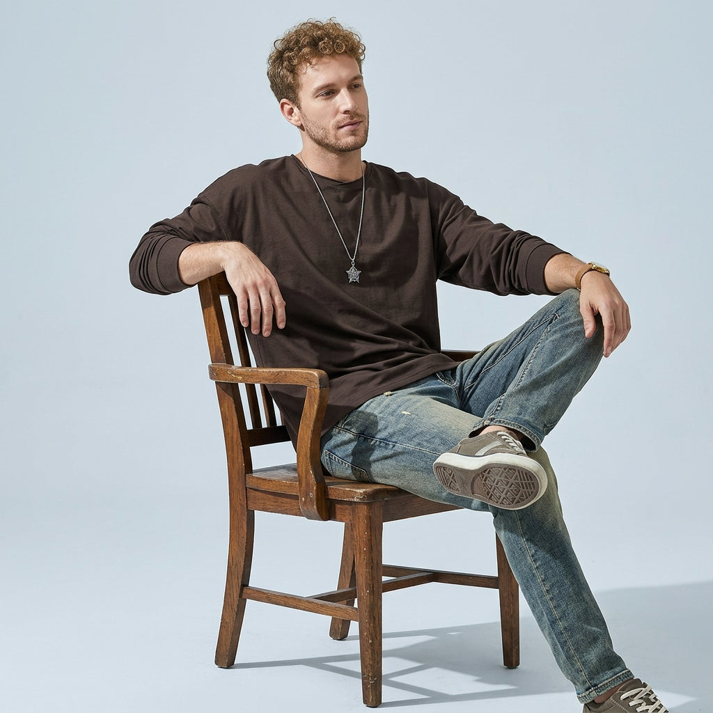 100% Cotton Long Sleeve Tee  - BROWN