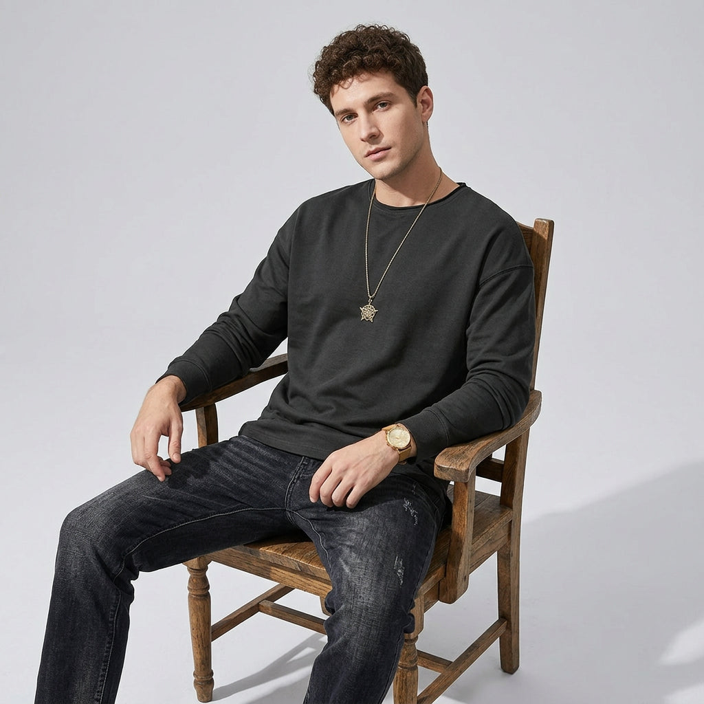 100% Cotton Long Sleeve Tee  - CARBONASH
