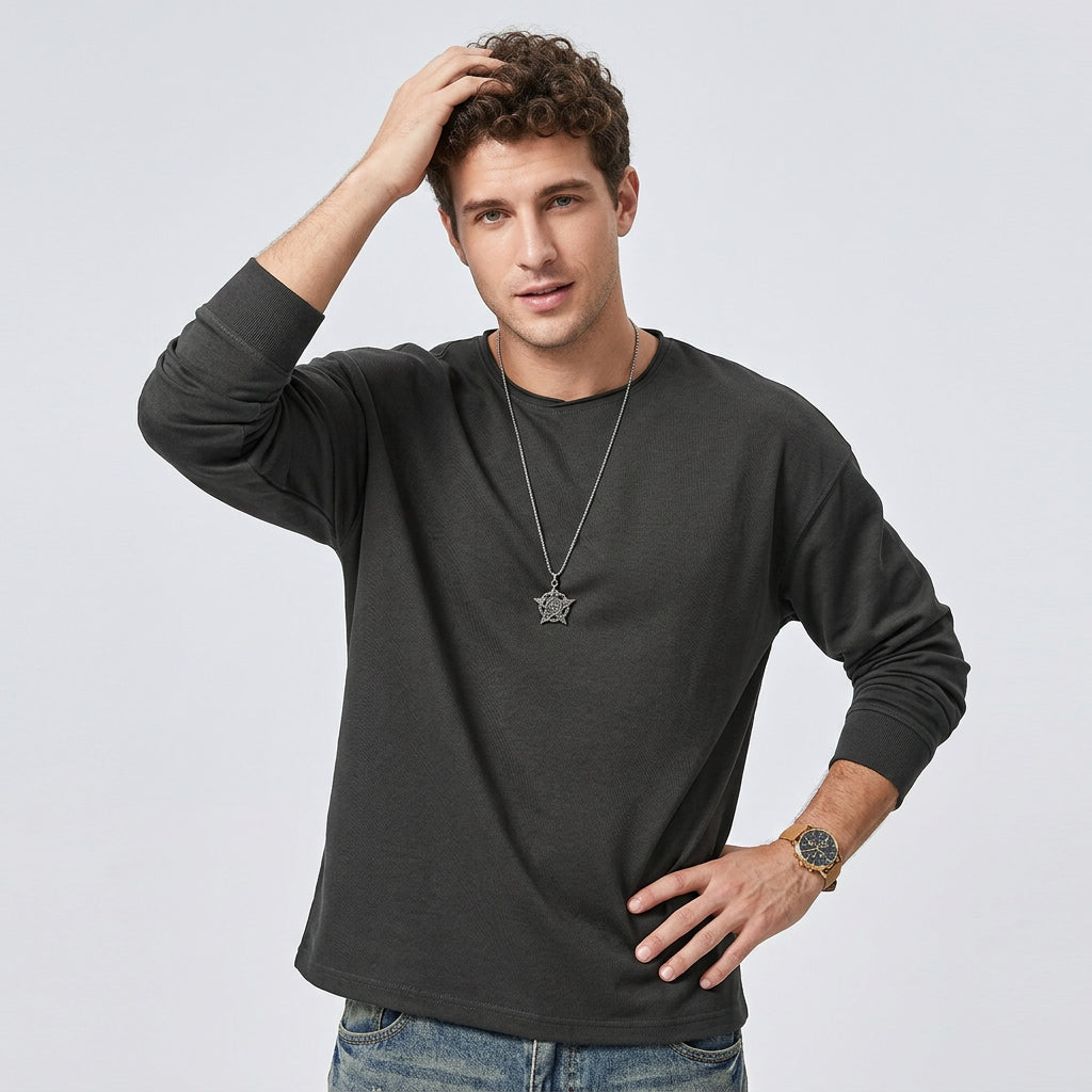 100% Cotton Long Sleeve Tee  - CARBONASH