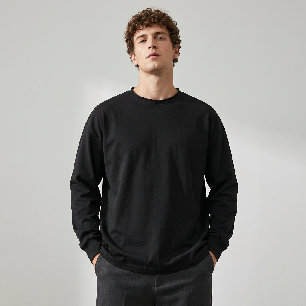 100% Cotton Long Sleeve Tee  - BLACK