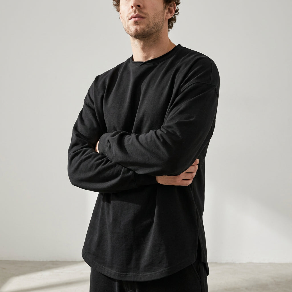 100% Cotton Long Sleeve Tee  - BLACK