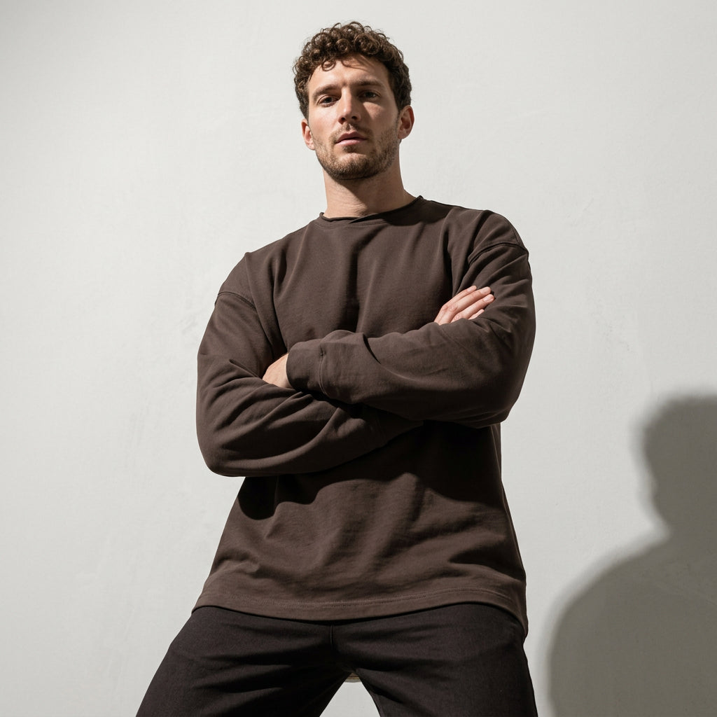 100% Cotton Long Sleeve Tee  - BROWN