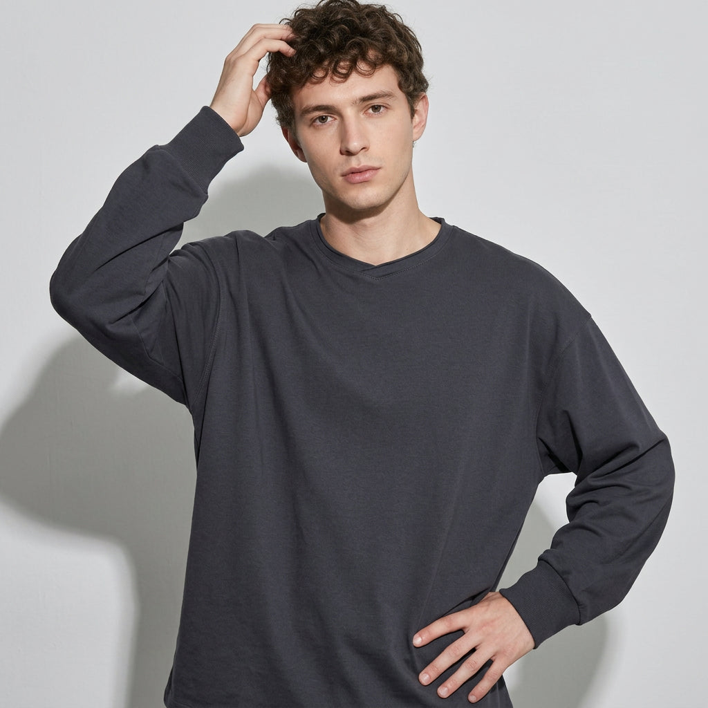 100% Cotton Long Sleeve Tee  - CARBONASH